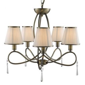  5 Light Ceiling, Antique Brass, Clear Glass, Cream String Shades BPOSL123