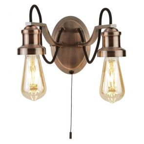  2 Light Wall Light, Black Braided Fabric Cable, Antique Copper BPOSL139