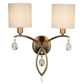  2 Light Wall Bracket, Antique Brass, Linen Shades BPOSL286