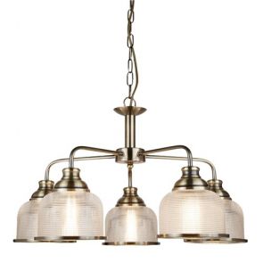  5 Light Ceiling, Antique Brass, Halophane Glass BPOSL312