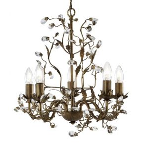  5 Light Ceiling, Brown Gold Finish With Leaf Dressing And Clear Crystal BPOSL465