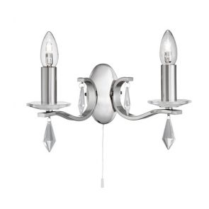  2 Light Wall Bracket, Satin Silver, Hexagonal Clear Glass Sconces & Glass Dro BP