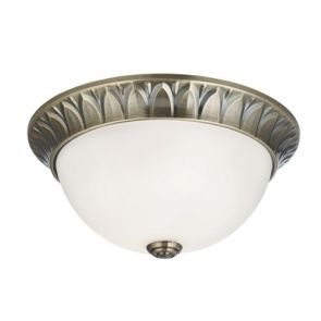  Flush - 2 Light Flush, Antique Brass, Ridge Detailed Trim With Frosted Glass Sha
