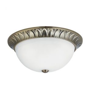  Flush - 3lt Flush, Antique Brass, Ridge Detailed Trim With Frosted Glass Shade D
