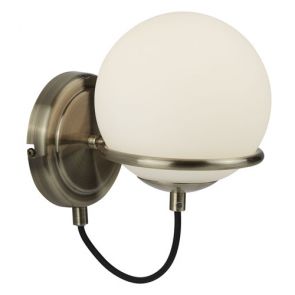  1 Light Wall Bracket, Antique Brass, Black Braided Cable, Opal White Glass Sh BP