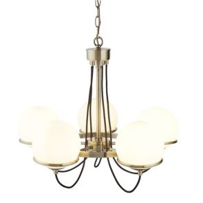  5 Light Ceiling, Antique Brass, Black Braided Cable, Opal White Glass Shades BPO
