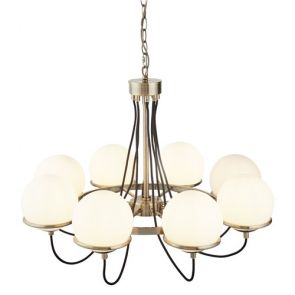  8 Light Ceiling, Antique Brass, Black Braided Cable, Opal White Glass Shades BPO