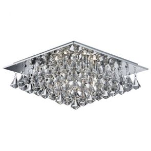  6 Light Square Flush Ceiling, Chrome, Clear Crystal Pyramid Drops BPOSL1187