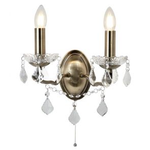  2lt Wall Bracket, Clear Crystal Drops & Trim, Antique Brass BPOSL1393