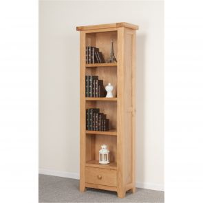 Chunky Oak Dining Tall Narrow (Slim) Bookcase with Drawer