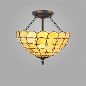 Bfs Lighting Camillie 3 Light Semi Ceiling E27 With 40cm Shade, Beige/Clear Crystal/Ant Brass