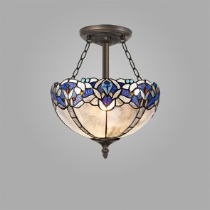 Bfs Lighting Orella 2 Light Pendant E27 With 30cm Shade, Blue/Clear Crystal/Ant Brass IL0510K