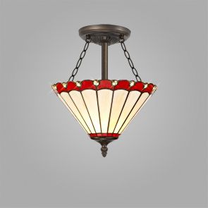 Bfs Lighting Una 3 Light Semi Ceiling E27 With 30cm Shade, Red/Crachel/Crystal/Ant Brass IL09