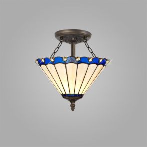 Bfs Lighting Una 3 Light Semi Ceiling E27 With 30cm Shade, Blue/Crachel/Crystal/Ant Brass IL1