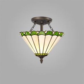 Bfs Lighting Una 2 Light Semi Ceiling E27 With 30cm Shade, Green/Crachel/Crystal/Ant Brass IL
