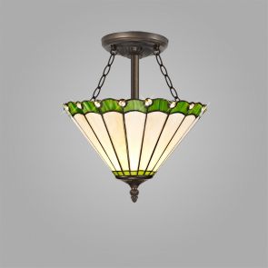 Bfs Lighting Una 3 Light Semi Ceiling E27 With 30cm Shade, Green/Crachel/Crystal/Ant Brass IL
