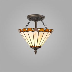 Bfs Lighting Una 2 Light Semi Ceiling E27 With 30cm Shade, Amber/Crachel/Crystal/Ant Brass IL
