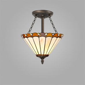 Bfs Lighting Una 3 Light Semi Ceiling E27 With 30cm Shade, Amber/Crachel/Crystal/Ant Brass IL