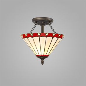 Bfs Lighting Una 2 Light Semi Ceiling E27 With 30cm Shade, Red/Crachel/Crystal/Ant Brass IL98