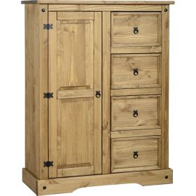 Waxed Pine Bedroom 1 Door 4 Drawer Low Wardrobe