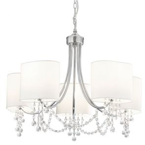  5 Light Ceiling, Chrome, Clear Crystal, White Shades BPOSL136