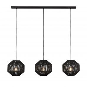 Bfs Lighting Wicker 3Lt Bar Pendant - Matt Black Metal & Black Rope Shade