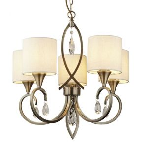  5 Light Pendant, Antique Brass, Clear Crystal Drops, Linen Shades BPOSL287