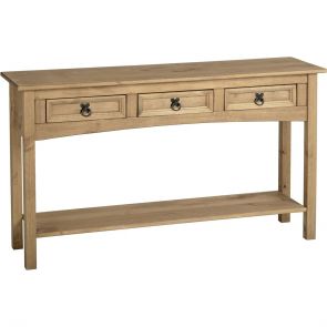 Waxed Pine Dining 3 Drawer Console Table With Shelf