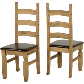 Waxed Pine Dining Chair Brown Seat (Pair)