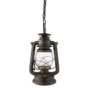  Lantern - 1 Light Miners Lantern Pendant, Black Gold With Hurricane Glass Shade 