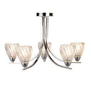  5 Light Ceiling S/Flush, Chrome Twist Frame, Clear Twisted Glass Shades BPOSL761