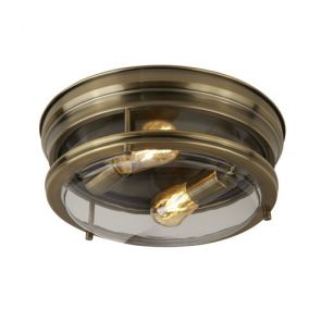  2 Light Flush Antique Brass/Clear Glass Ip44 BPOSL884