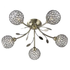  5 Light Ceiling Semi-Flush, Antique Brass, Clear Glass Deco Shade BPOSL1084