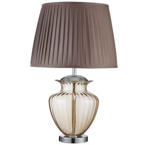  Table Lamp Large Glass Urn, Amber Glass, Chrome, Brown Pleated Shade BPOSL1370