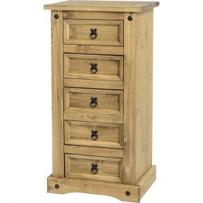 Waxed Pine Bedroom 5 Drawer Narrow Chest