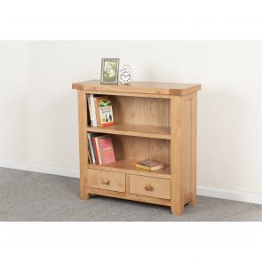 Chunky Oak Dining Low Wide Bookcase with 2 Drawers