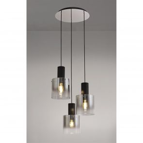 Bfs Lighting Brita Round Pendant, 3 Light Adjustable E27, Black/Smoke Fade Glass IL1957HS