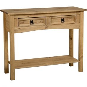 Waxed Pine Dining 2 Drawer Console Table With Shelf