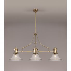 Bfs Lighting Lucinda 3 Light Linear Pendant E27 With 26.5cm Prismatic Glass Shade, Antique Br