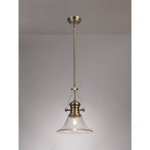 Bfs Lighting Lucinda 1 Light Pendant E27 With 26.5cm Prismatic Glass Shade, Antique Brass/Cle