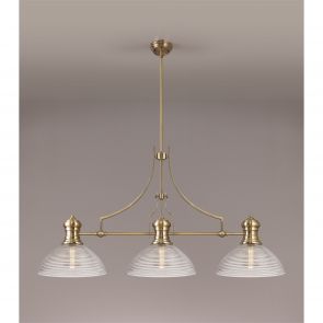 Bfs Lighting Lucinda 3 Light Linear Pendant E27 With 30cm Prismatic Glass Shade, Antique Bras