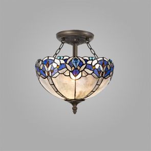 Bfs Lighting Orella 3 Light Semi Ceiling E27 With 30cm Shade, Blue/Clear Crystal/Ant Brass IL