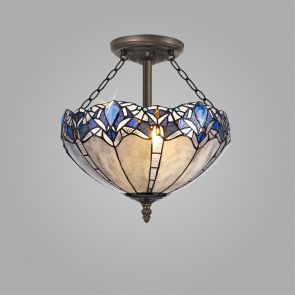 Bfs Lighting Orella 2 Light Pendant E27 With 40cm Shade, Blue/Clear Crystal/Ant Brass IL9510K