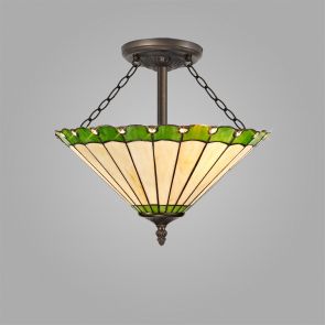 Bfs Lighting Una 3 Light Semi Ceiling E27 With 40cm Shade, Green/Crachel/Crystal/Ant Brass IL