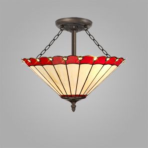 Bfs Lighting Una 3 Light Semi Ceiling E27 With 40cm Shade, Red/Crachel/Crystal/Ant Brass IL99